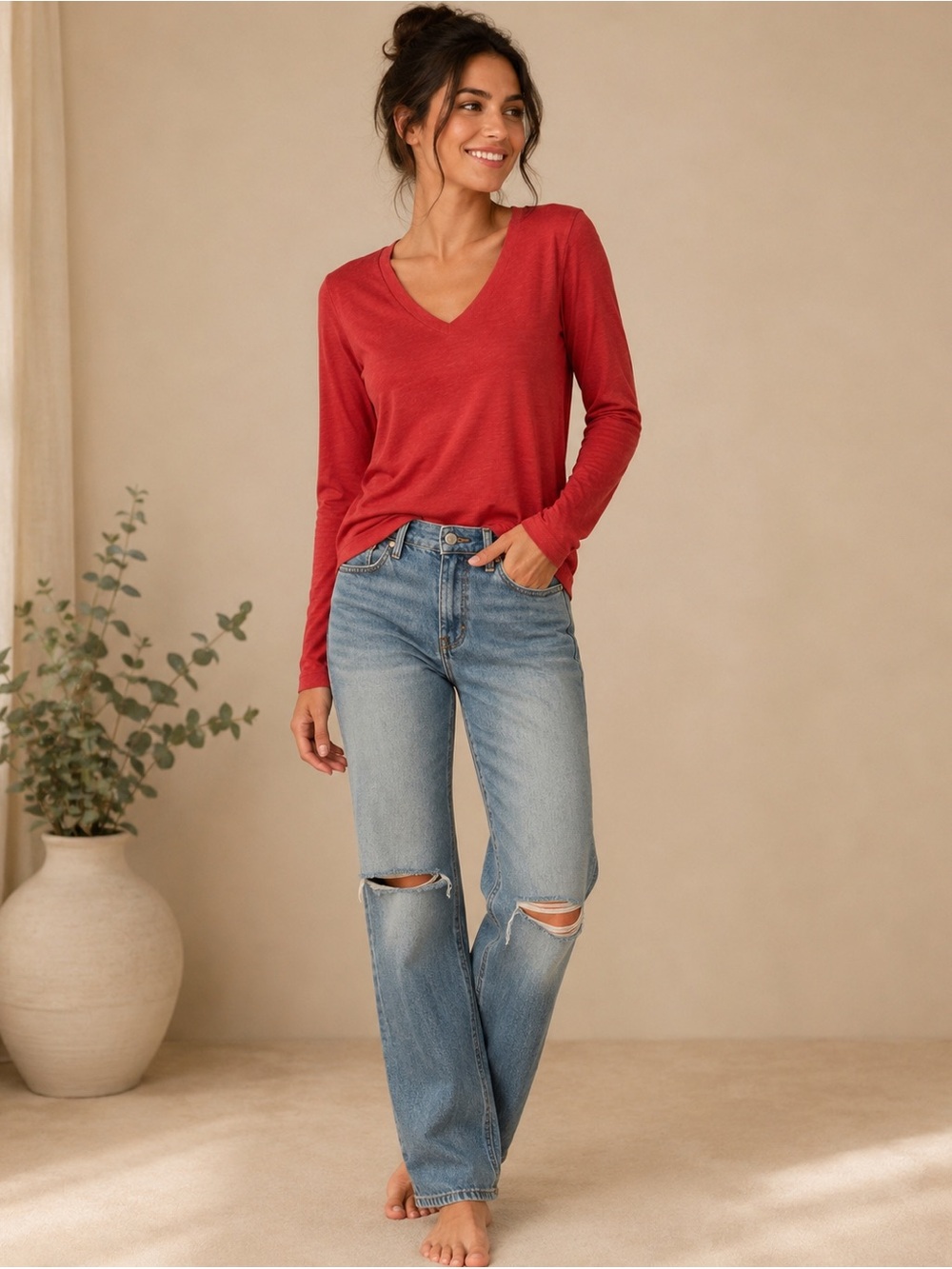 J. Crew Long Sleeve V-Neck Tee in deep Red-Slub cotton -Brand new with tags ✨✨✨